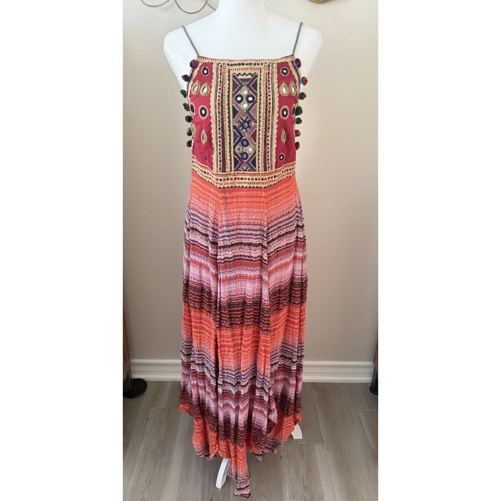 Free People Regina Midi Dress XS Boho Embroidered Mirror Pom Pom Open Back